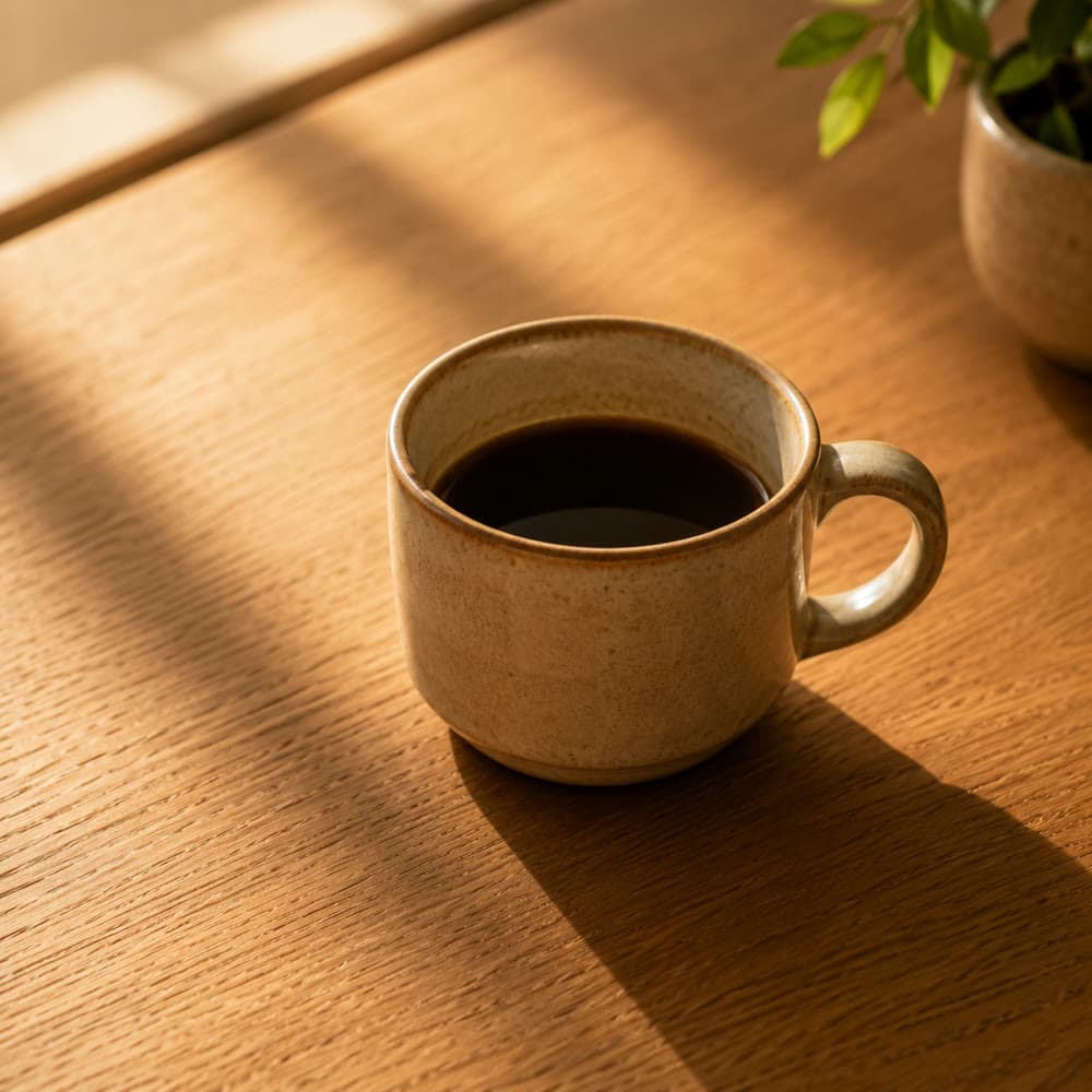 Morning coffee on an oak table in warm light